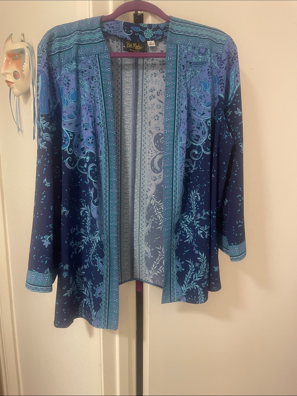 Gorgeous Bob Mackie Navy & Teal Paisley Open-Front Cardigan XL